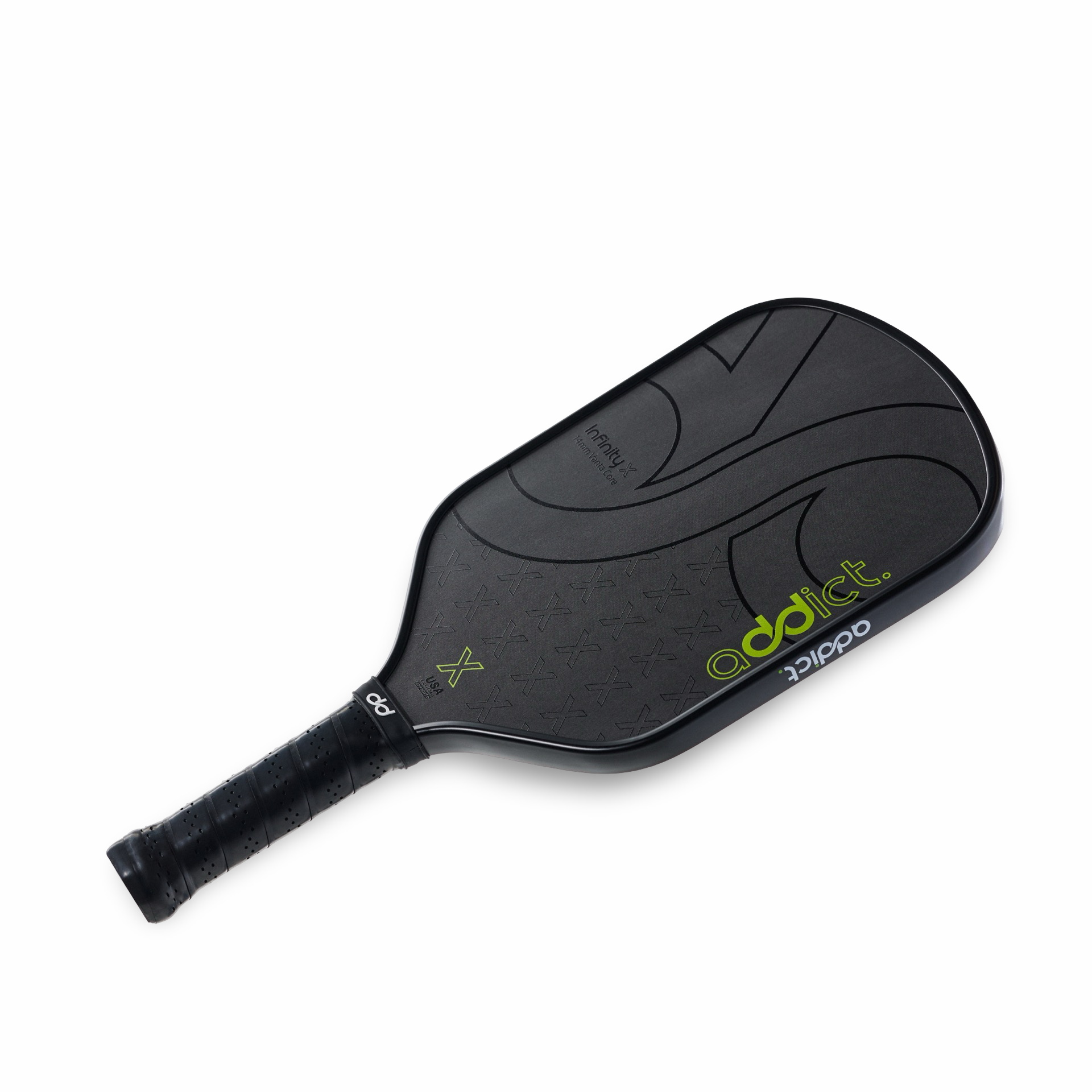 Image of A black pickleball paddle with a carbon fiber texture and green accent colors, featuring the brand logo 'addict' on the right side.